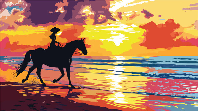 Silhouette of person riding horse along beach at suns