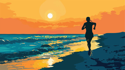 Silhouette of person running along beach at sunrise vector