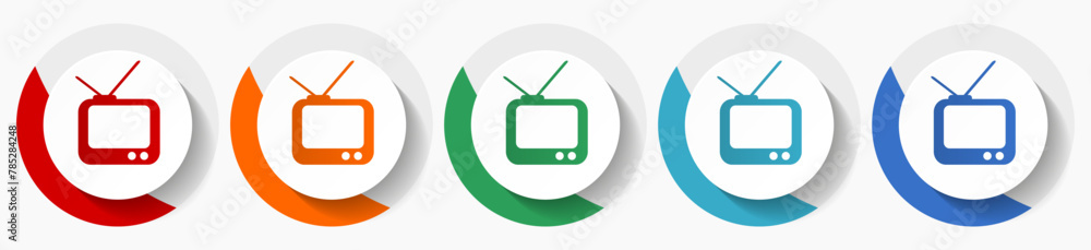 Poster tv vector icon set, flat icons for logo design, webdesign and mobile applications, colorful round bu