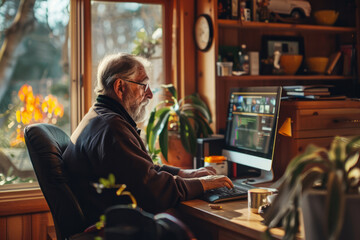 Old man using computer at home sitting on chair and looking at screen. Generative AI