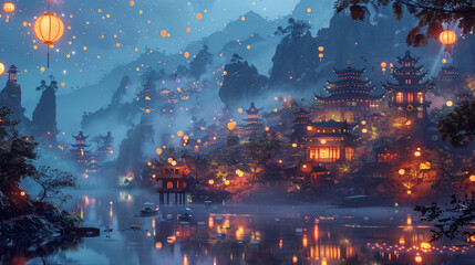 Obraz na płótnie Canvas Beautiful fantasy mountain Chinese vague decorated