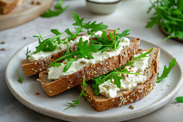 Healthy sandwich with cottage cheese, arugula and sesame seeds