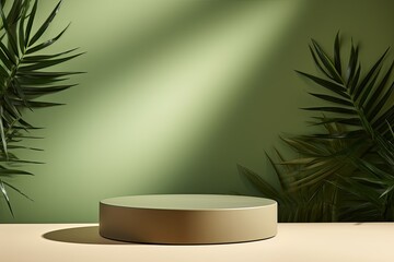 Olive background with shadows of palm leaves on an olive wall, an empty table top for product presentation. A mockup banner