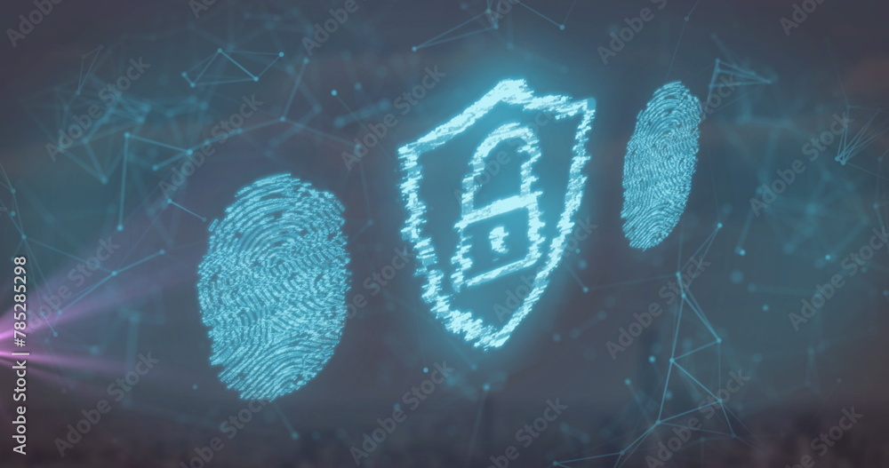 Poster image of padlock and fingerprint icons with network of connections over grey background