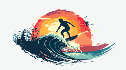 Silhouette of person surfing wave at sunrise vector isolated