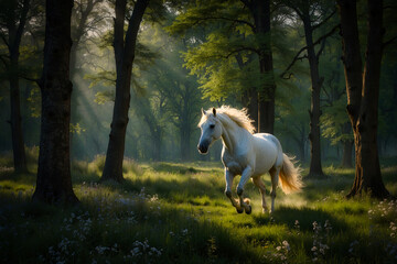 Beautiful white horse gallops on the meadow. A style similar to impressionist painting. Generative AI - 785285217