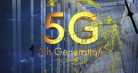 Image of 5g text, yellow globe and maths calculations over computer server room
