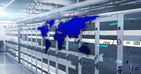 Image of blue world map, processing data and maths calculations over computer server room