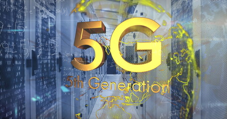 Image of 5g text and yellow globe and maths calculations over computer server room