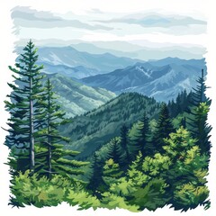 A painting of a mountain range with trees and a sky
