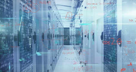Image of processing data and maths calculations over computer server room