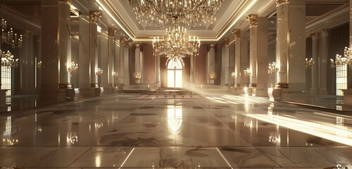 Glorious chandelier hangs above sleek marble floor in expansive ballroom.