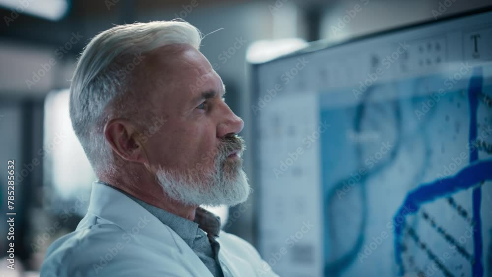 Poster Handsome Adult Laboratory Director Having a Brainstorming Session Alone in a Meeting Room. Senior Scientist Thinking, Searching for a Solution, Problem Solving Advanced Biotech Project
