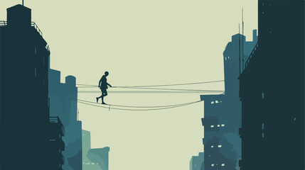 Silhouette of person walking tightrope between two