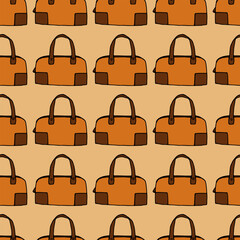 Seamless pattern with orange handbags on light orange background. Vector image.