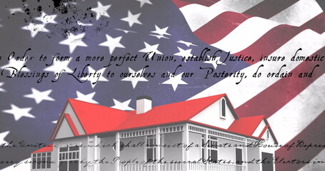 Image of text over house and flag of usa