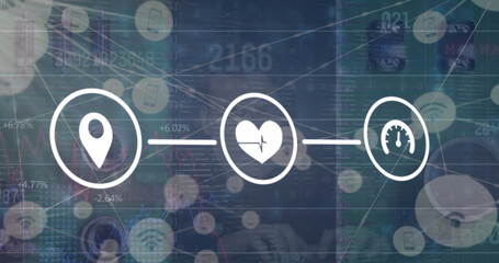 Obraz premium Image of network of digital icons against close up of a motherboard