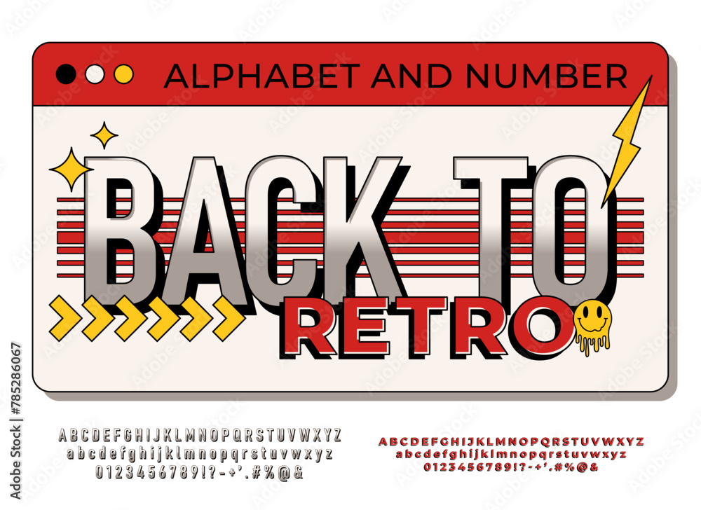 Poster stylized retro font and alphabet 90's, 80's. vector retro alphabet design with numbers and symbols.