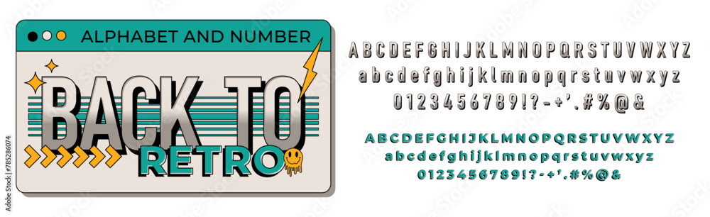 Aufkleber stylized retro font and alphabet 90's, 80's. vector retro alphabet design with numbers and symbols.