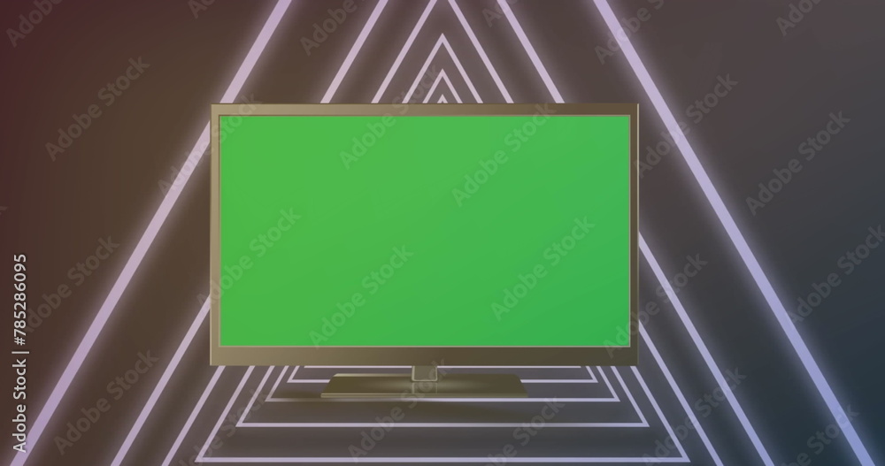 Poster image of digital television with green blank screen and looping illuminated triangular tunnel