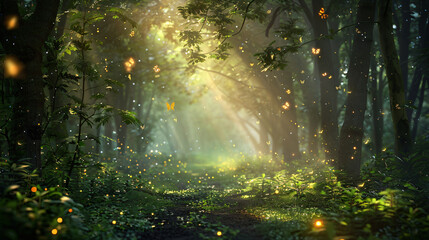 Beautiful forest fantasy world with glowing insects 