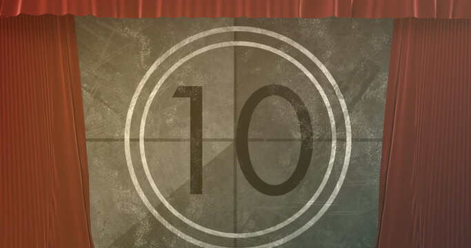 Fototapeta Image of vintage movie countdown in circle over brown curtains