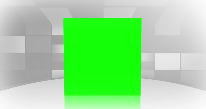 Image of bouncing green square on table against abstract background