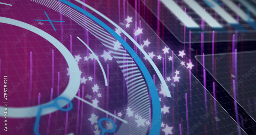 Poster image of data processing and stars over light trails on purple background