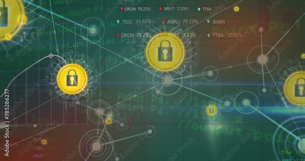 Poster image of padlock icon over network of connections and data processing on blue background