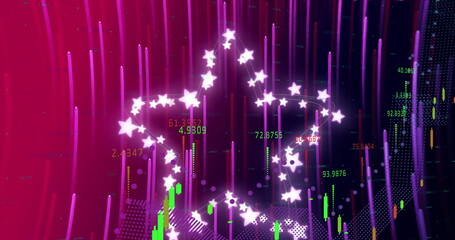 Image of data processing and stars over light trails on purple background