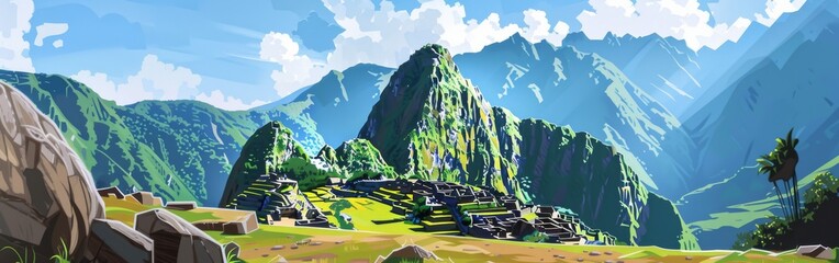 A mountain range with a green hillside and a small village in the foreground - Powered by Adobe
