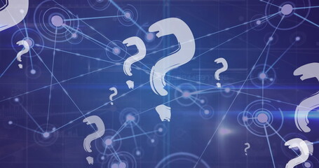 Image of question marks over network of connections on blue background