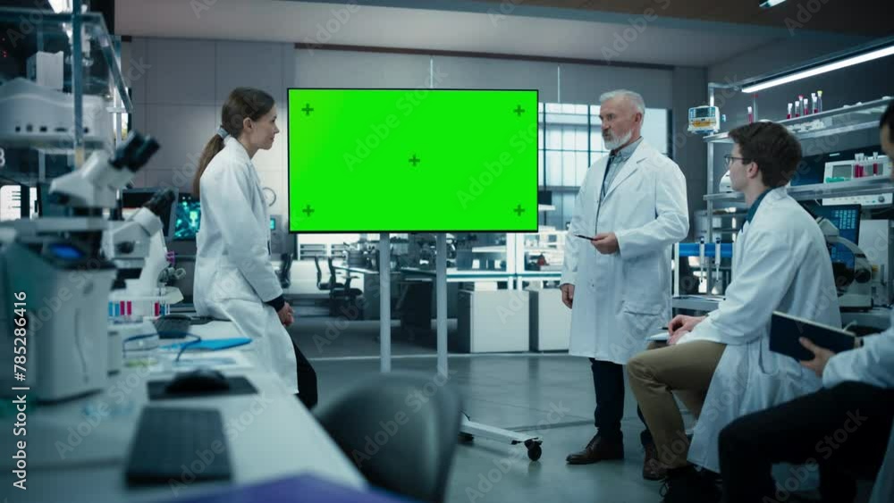 Poster group of students listening to their biology professor who uses tv monitor with green screen templat