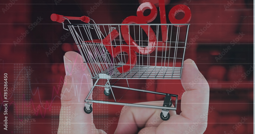 Poster image of data processing over 50 percent and hand with shopping cart