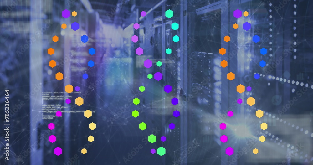 Poster image of data processing over dna strands and server room