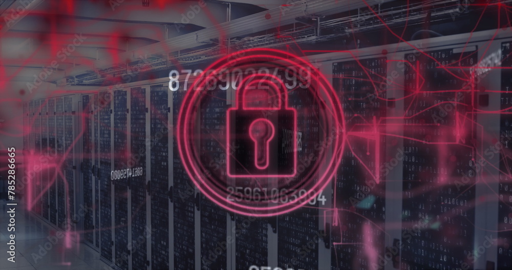 Poster image of padlock in circle, numbers and abstract pattern against server room in background