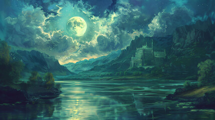 Beautiful landscape with mysterious river full moon  - obrazy, fototapety, plakaty