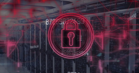 Image of padlock in circle, numbers and abstract pattern against server room in background