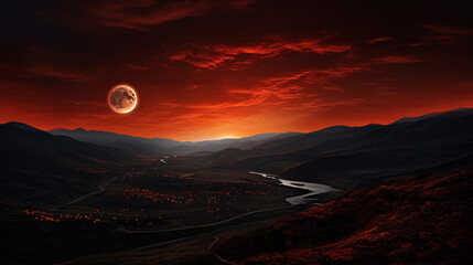Lunar eclipse with red sky over low lying hills  - obrazy, fototapety, plakaty