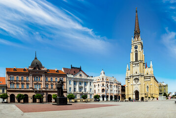 Fototapeta na wymiar Freedom square and catholic cathedral in Novi Sad. Serbia.