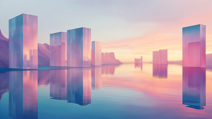 Abstract surreal pastel landscape background with architectural and geometric, beautiful gradient sky view
