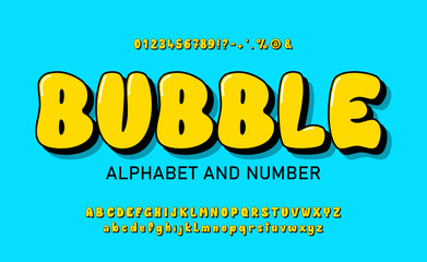 Bubble font with upper and lower case letters, numbers and symbols. Cute airy yellow glossy cartoon alphabet. Funny Typeset in 3d Y2k style. Vector bubble gum alphabet.