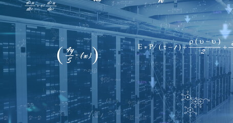 Image of mathematical equations data processing over computer servers - obrazy, fototapety, plakaty