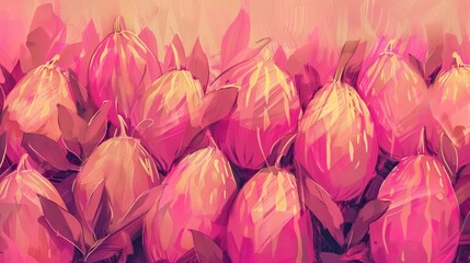   A painting of pink tulips in a bouquet against a pink backdrop, featuring a pink sky above