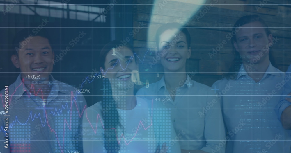 Poster image of data processing over diverse group of colleagues smiling together at office