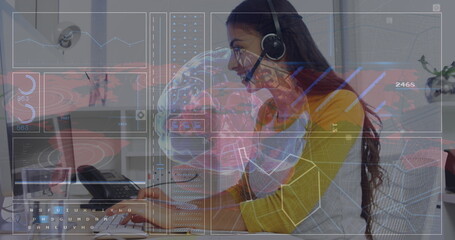 Image of data processing and brain over biracial businesswoman in office