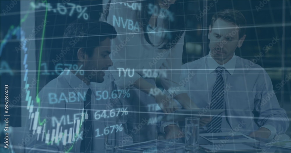 Aufkleber image of statistical data processing over diverse group of businesspeople discussing at office