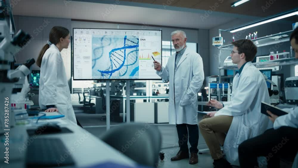 Poster Diverse Team of Scientists Discussing Ideas in a Biotech Startup Lab. Group of International Students Listening to Their Science Professor While He Shows DNA Sequencing Method on a TV Screen