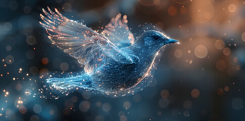 Fantasy bird with Blue glowing wireframe abstract futuristic background - obrazy, fototapety, plakaty