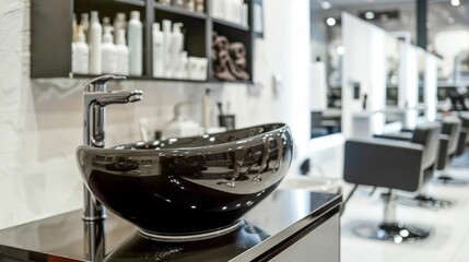 Elegance in Details: Black Ceramic Basins with Matte Fixtures in a Stylish Salon. Generative ai - obrazy, fototapety, plakaty